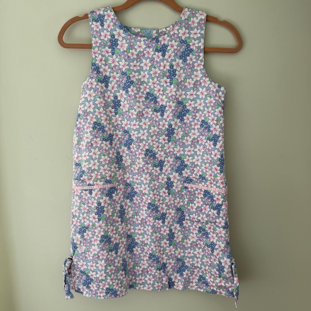 Lilly Pulitzer Girls Floral Shift Dress Blue Pink Gingham Trim Size 12